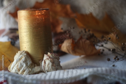 Tall golden candle with dried flowers at the base and autumn background
