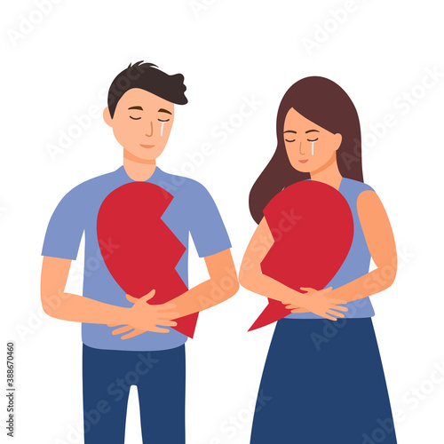 Broken heart concept vector illustration. Sad man and woman crying holding red broken heart pieces.	