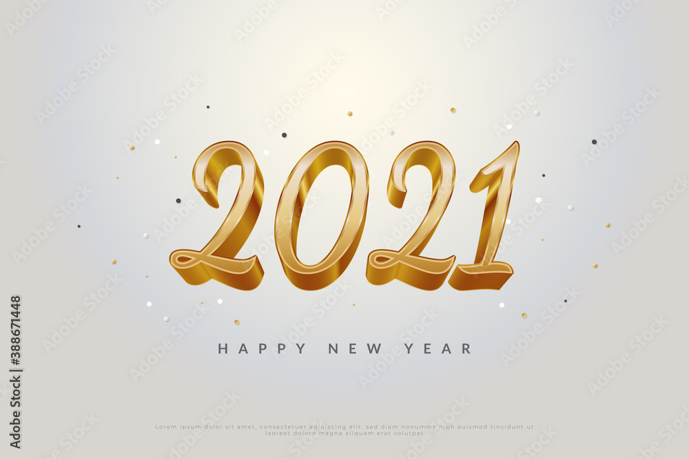 Happy new year 2021 banner with 3d gold text and orb spread on white background. Festive design template for greeting card, poster, banner