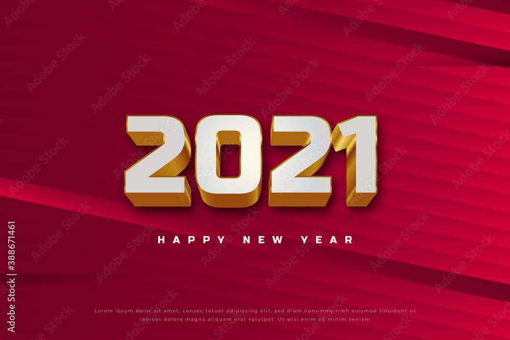 Happy new year 2021 banner with white and gold 3d numbers on red abstract background