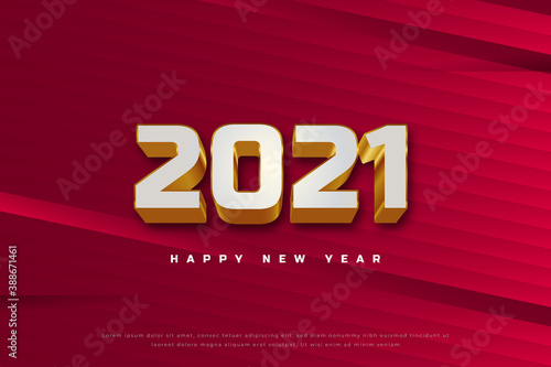 Happy new year 2021 banner with white and gold 3d numbers on red abstract background