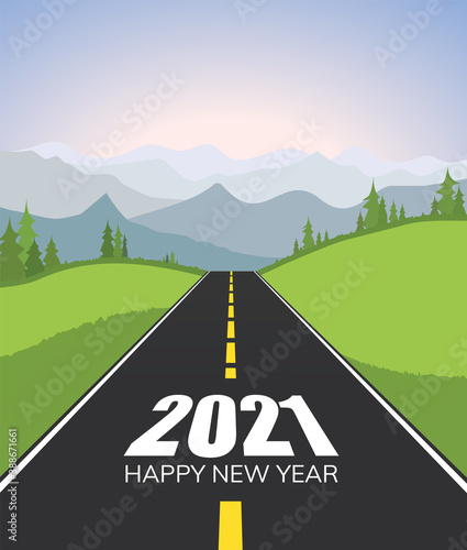 Happy new year 2021 road perspective with mountain