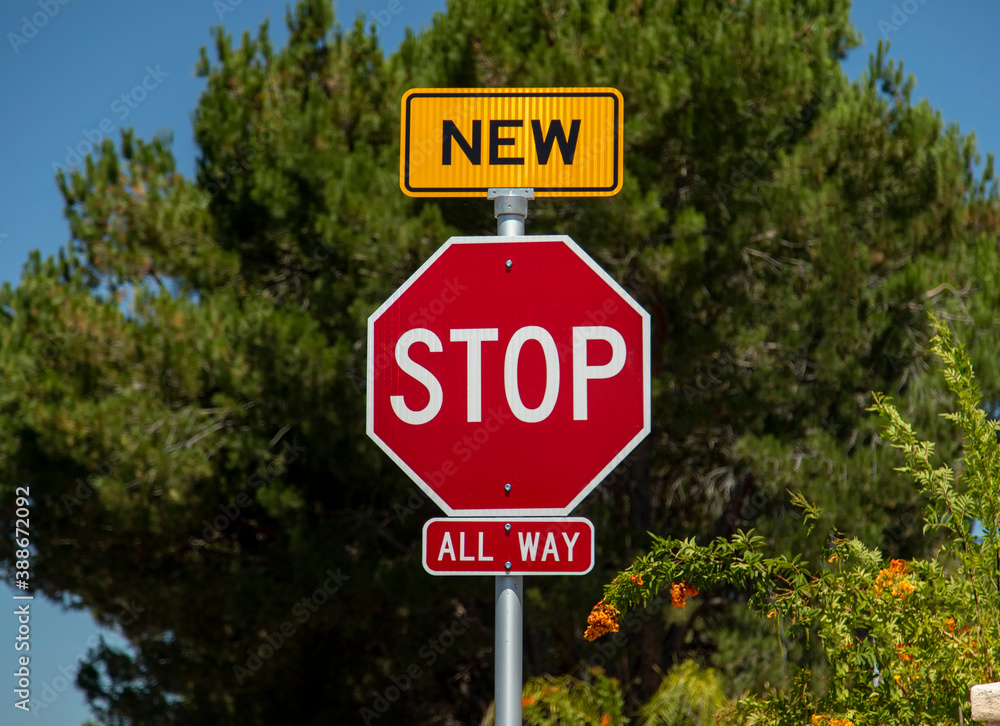 A recently installed stop sign with a small sign in yellow with the word New on top of the stop sign