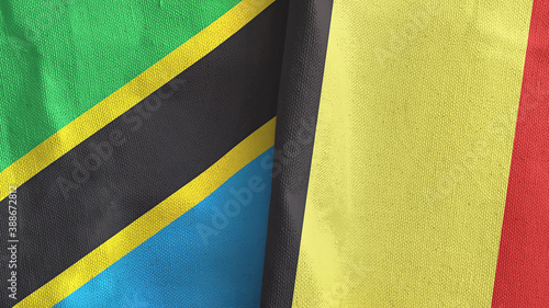 Belgium and Tanzania two flags textile cloth 3D rendering