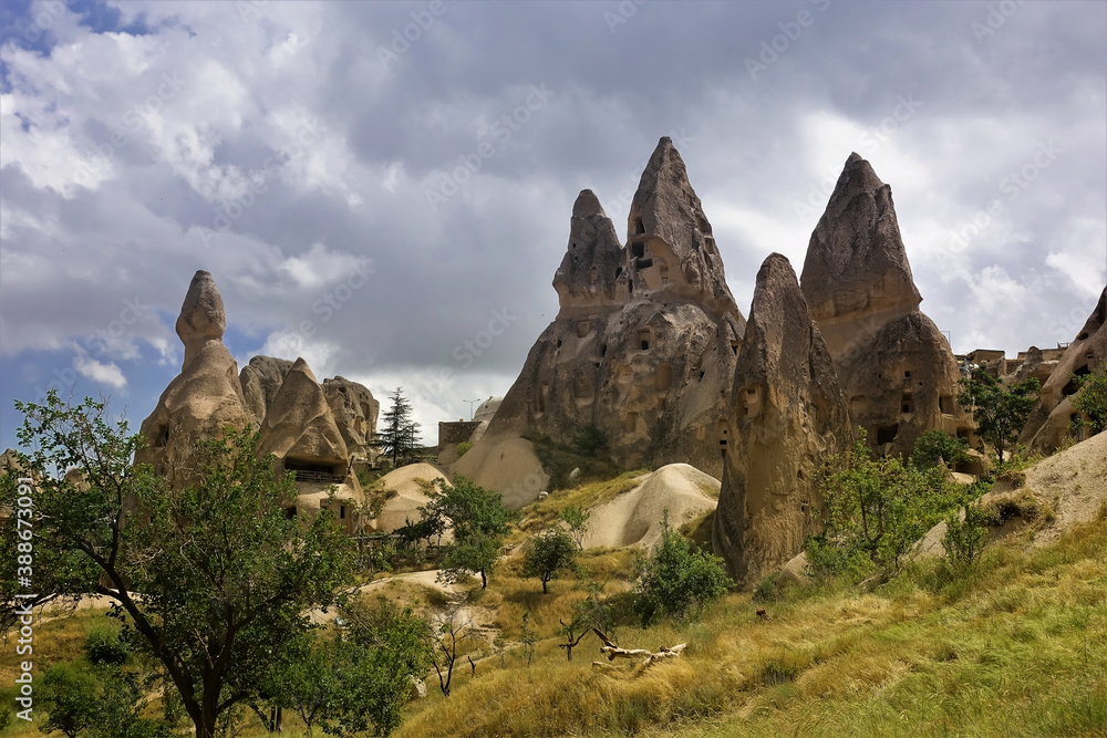 Fototapeta premium Against the background of a cloudy sky, sharp-pointed rocks with ancient caves. Around the yellowed grass, trees. Cappadocia in summer. Turkey.