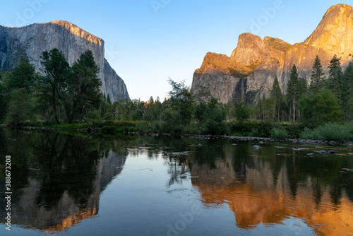 el capitan at sunset from valley view in yosemite national park of california