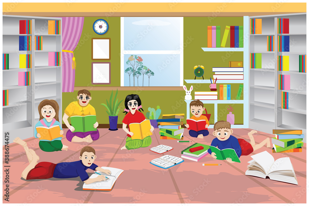 Children are reading in library room vector design Children are reading in library room vector design