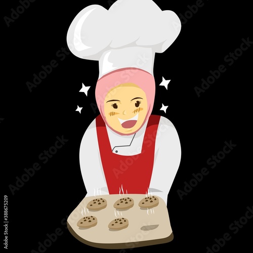 illustration of a female chef happy to make a cake icon