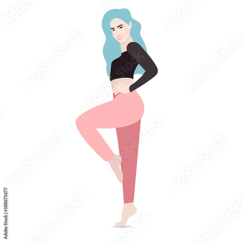 Attractive young woman with long blue hair stands and poses on one leg barefoot