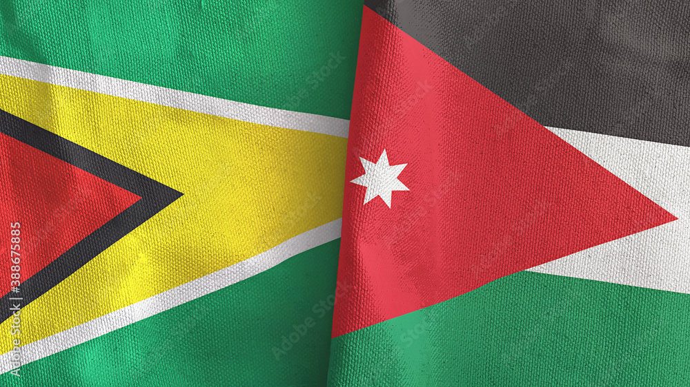 Fototapeta premium Jordan and Guyana two flags textile cloth 3D rendering