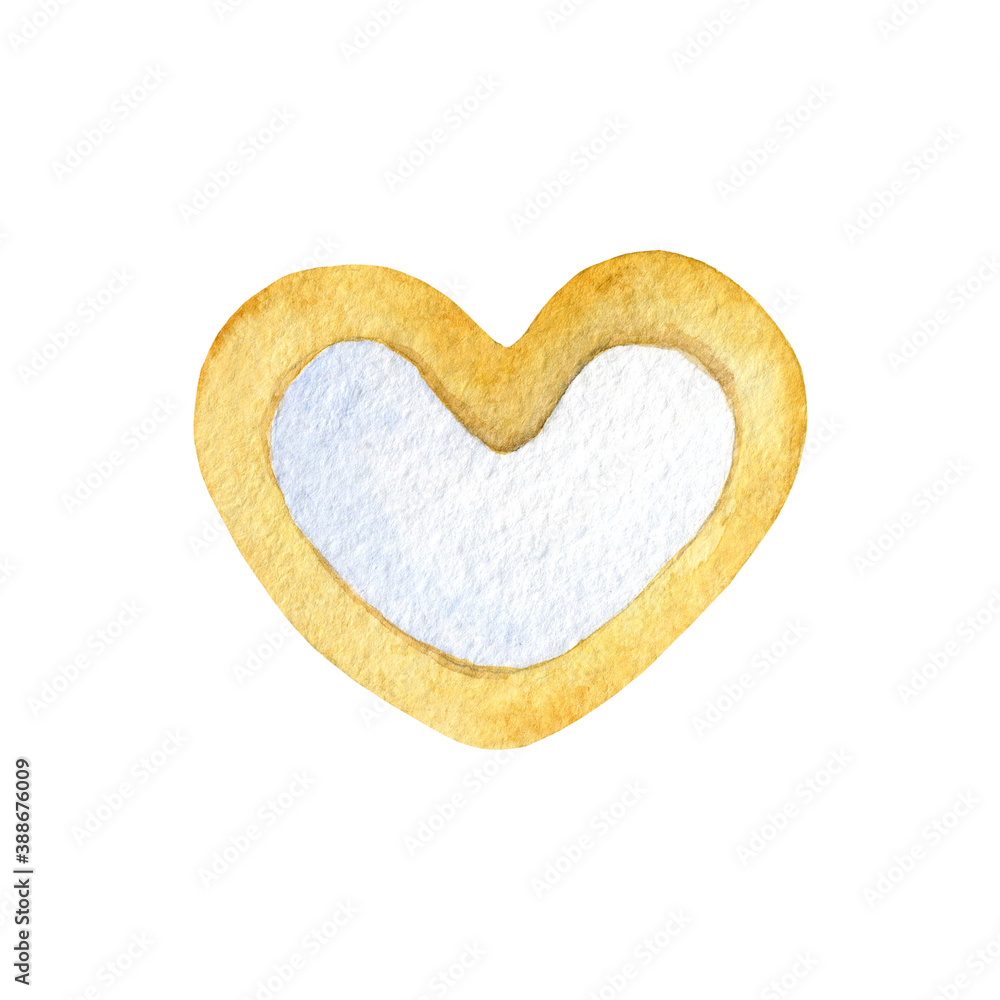 Watercolor heart isolated on a white background. Sweet glazed gingerbread. Hand drawn illustration
