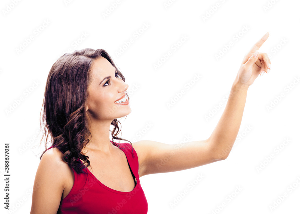 Photo of beautiful young woman showing, on white Photo of beautiful young woman showing, on white