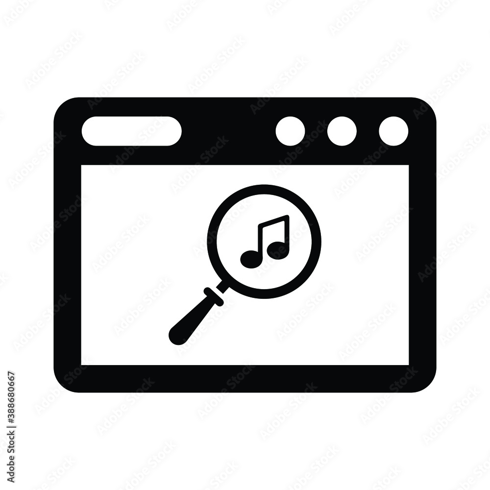 Audio search, magnifying glass, sound icon. Black vector graphics Audio search, magnifying glass, sound icon. Black vector graphics