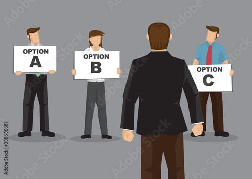 Vector cartoon illustration of a businessman asking for recomendation for his questions and get a lot of option to choose from. But he is unsure what to choose.