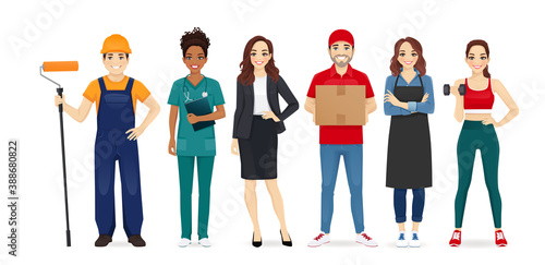 People different profession collection set. Builder, nurse, business woman, delivery man, barista, sport trainer. Isolated vector illustration
