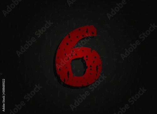 6 vector red number made of grunge texture. Insane Fear brutal font. Wicked night theme style design. For logo, brand label, poster, design elements etc.