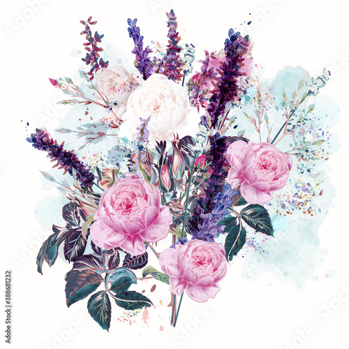 Beautiful vector  rose and lavender flowers in watercolor style