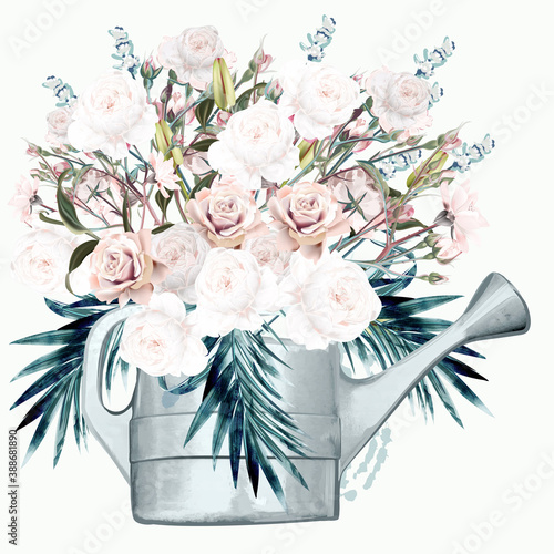 Garden watering can with white roses and palm leaves fashion vector illustrat...