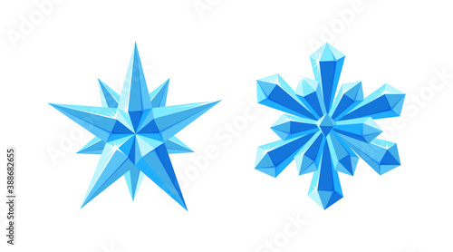 Crystal star and snowflake with sparkling facets. Shimmering set with blue snowflake and gem star made of crystals isolated in white background. Vector illustration in cartoon style
