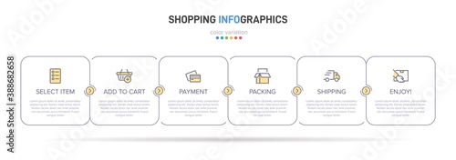 Concept of shopping process with 6 successive steps. Six colorful graphic elements. Timeline design for brochure, presentation, web site. Infographic design layout.