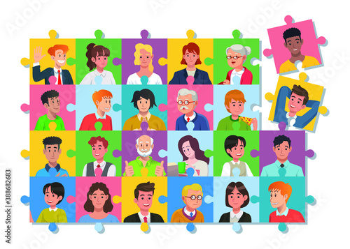 Mix race people faces on puzzle pieces jigsaw. People portraits on colorful puzzle concept. Diversity in harmony on puzzle pieces.