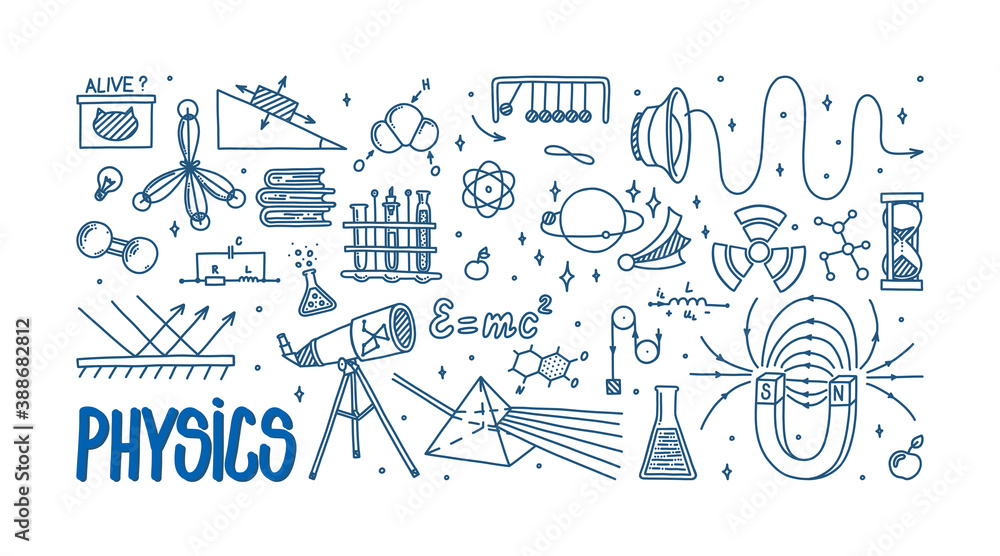 Physics doodle with magnet, prism, telescope, atom. Hand drawn science items. Physics theory elements and formula equation isolated in white background. Card with vector illustration in doodle style