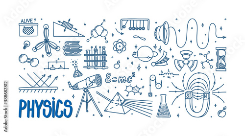 Physics doodle with magnet, prism, telescope, atom. Hand drawn science items. Physics theory elements and formula equation isolated in white background. Card with vector illustration in doodle style