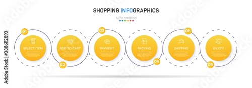 Concept of shopping process with 6 successive steps. Six colorful graphic elements. Timeline design for brochure, presentation, web site. Infographic design layout.