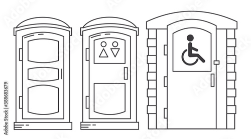 Mobile portable bio toilet. Toilet for disabled people. Set of outline icon. Front view. Blue plastic closet WC. Vector iIllustration isolated on white background.