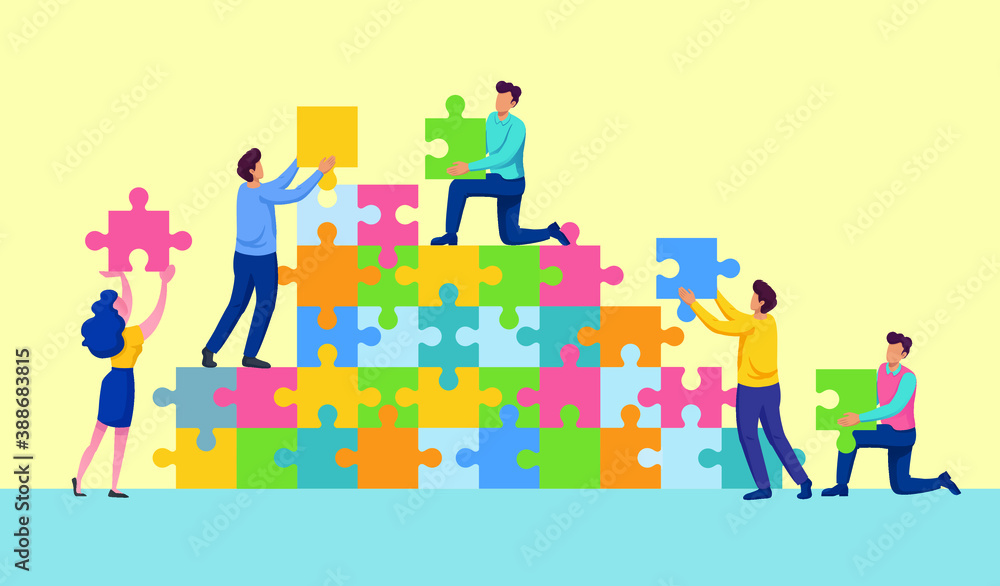 Teamwork connecting puzzle together to reach success in business.
People holding puzzle teamwork concept.