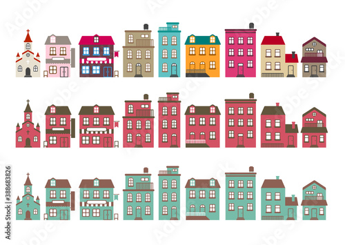 cartoon building / house flat design illustration set (front view)