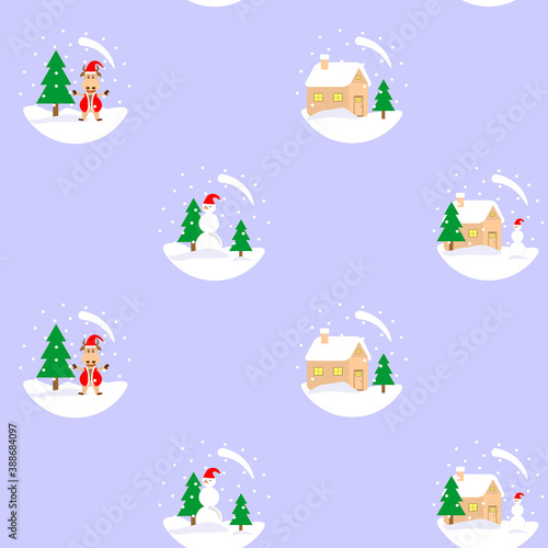 Vector seamless pattern on the theme of new goa and winter. Illustration of snow globes with a symbol of the new 2021 by a bull, a snowman, a house and a Christmas tree. Delicate christmas background