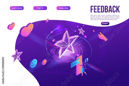 Feedback concept with 3d isometric star icon, customer rate product, client satisfaction survey, people review quality of service, purple vector illustration, landing page template