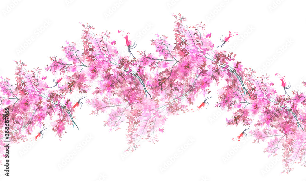seamless, watercolor linear border, floral pattern - grass, wild plants, flowers of pink color, lavender branch, lilac, bird cherry. Watercolor card, postcard.Sakura branch, cherry. Bloom. Border