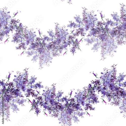 Pattern of blue and purple wild flowers on a branch in watercolor. Lavender branch. The flower is blue. Beautiful blue bush. Watercolor background for fabric, paper, shawl. Abstract illustration. 