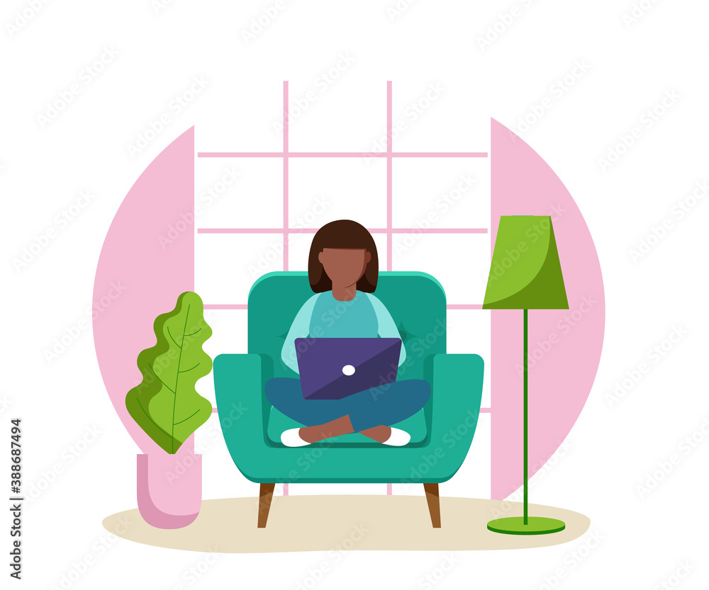 Happy young a dark skinnedwoman is relaxing on comfortable chair and using laptop. Vector illustration Happy young a dark skinnedwoman is relaxing on comfortable chair and using laptop. Vector illustration