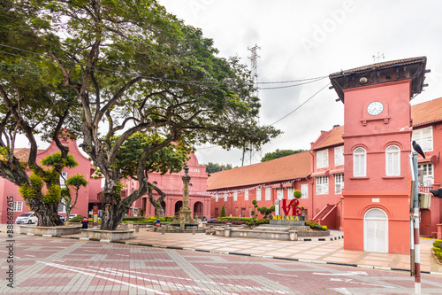 Ancient Dutch colonial buildings Christ church and Stadthuys red buildings are iconic Malacca tourism attractions. No people. photo