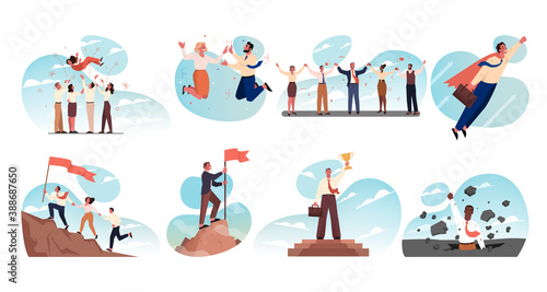 Business, teamwork, success, startup, goal achievement, leadership, celebration, win set concept