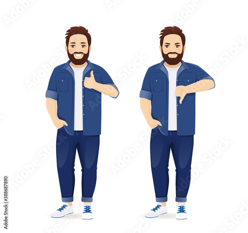 Handsome big man in casual clothes gesturing thumb up and thumb down isolated vector illustration