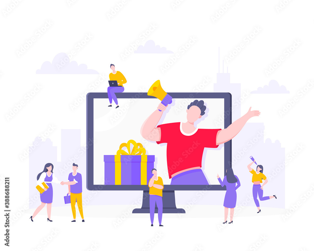 Refer a friend flat style design vector illustration business concept. Man with megaphone stands in the pc monitor and shout out to the people.