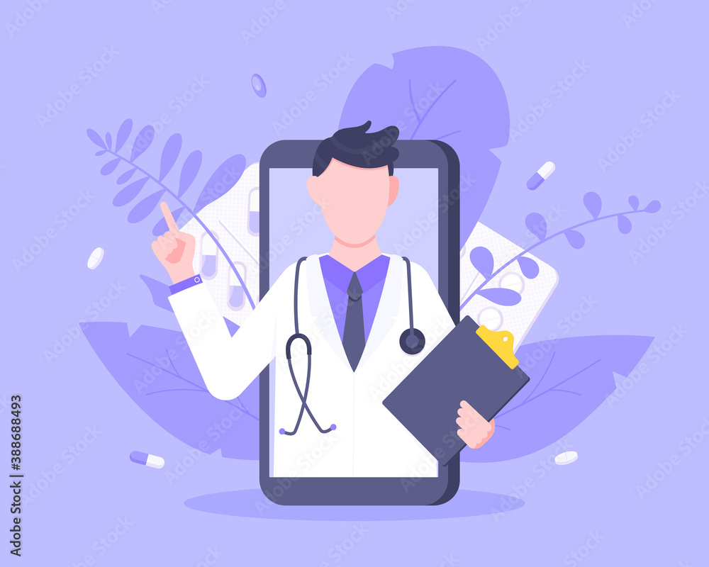 Online doctor medical service concept with doctor in the laptop vector illustration. Telemedicine web consultation for patients health care check ups and taking medicine prescription pills. Online doctor medical service concept with doctor in the laptop vector illustration. Telemedicine web consultation for patients health care check ups and taking medicine prescription pills.