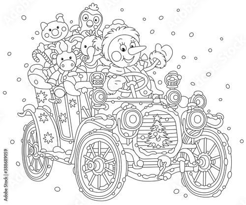 Smiling funny snowman driving an old car with Christmas gifts for children on a snowy winter day, black and white vector cartoon illustration for a coloring book page