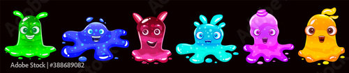 Set Slime jelli monsters characters, liquid yellow green red cyan violet blue creatures