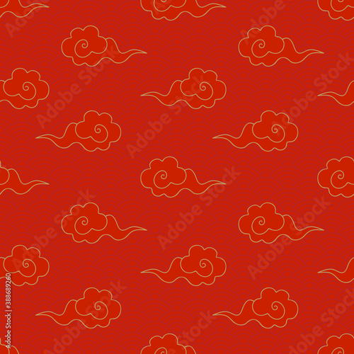 Abstract seamless pattern of Golden clouds on a red background. Chinese traditional ornament. Vintage background in Oriental style. Gold line. Hand drawn vector illustration