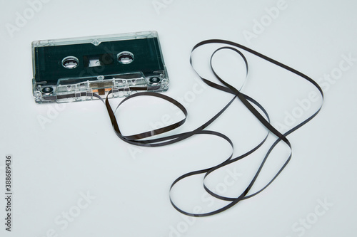 Old cassette with the tape on the outside