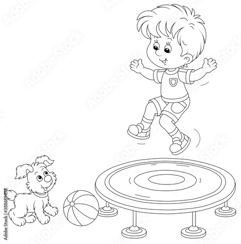 Cheerful little boy jumping on a toy trampoline on a playground, a small cute pup looking at him, black and white outline vector cartoon illustration for a coloring book page