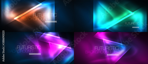 Set of glowing neon triangles designs, geometric abstract backgrounds. Vector illustrations for covers, banners, flyers and posters and other