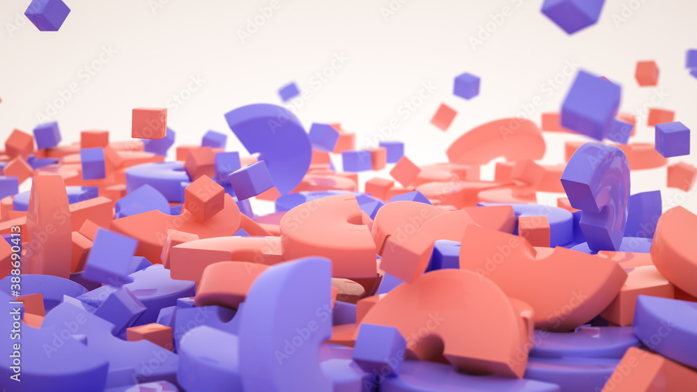 Obraz premium red and blue three-dimensional half rings scattered on a white background. 3d render illustration
