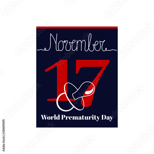 Calendar sheet, vector illustration on the theme of World Prematurity Day Day on November 17. Decorated with a handwritten inscription NOVEMBER and outline soother.