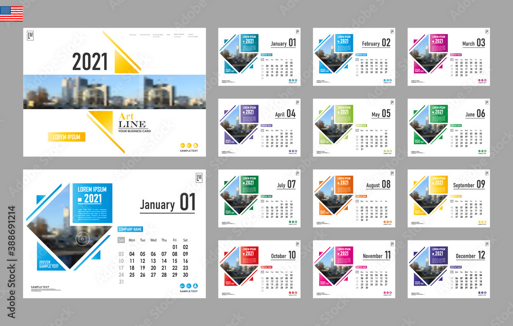 12 months calendar. Geometry. American calendar. Winter, spring, summer, autumn. Wall, annual calendar. Multicolor geometric shapes. 2021 year. Creative illustration. Architecture design.